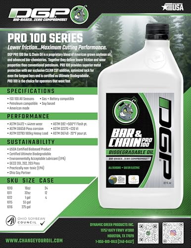 DGP Pro100 Biodegradable Chainsaw Oil  High Performance, Non Toxic Professional Lubricant  Green, Eco-Friendly, Ultraclean, All Season Bar & Chain Lube  Safer for You, Your Pets