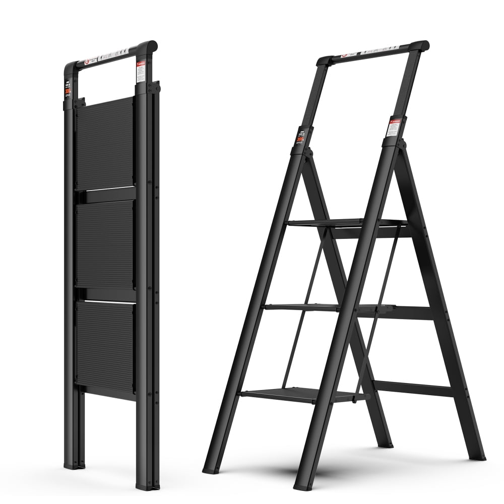 DGPERTE 3 Step Ladder, Retractable Handgrip Folding Step Stool with