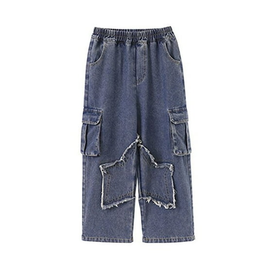 DGQPLPD Baby Boy Little Kid Jeans Pants Boys Jeans Loose Fit Distressed Denim Pants For Kids Comfortable Straight Leg Trousers Hem Casual Blue 3-4 Years