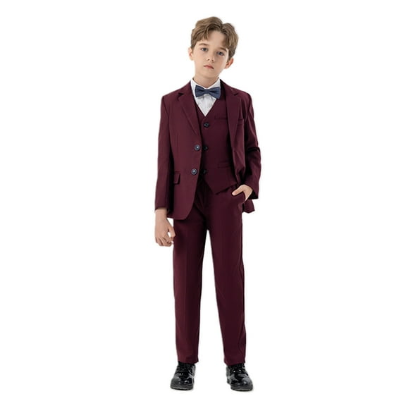 DGQPLPD Boys Matching Sets Boys formal Wear four Piece Tuxedo Set Including Coat Vest Pants and Bowtie for and Events 3-4 Years Wine