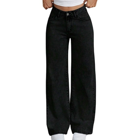 DGQPLPD Boys Straight Fit Denim Jeans High Waisted Flared Denim Pants For Teen Girls With Embroidered Back Pockets Distressed Wide Leg Casual Jeans Black 14-15 Years