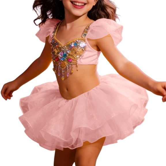 DGQPLPD Girls Ballet Tutu Skirt Sparkly Leotard Dress For Dance Performance Recital Party Play Pink 7-10 Years