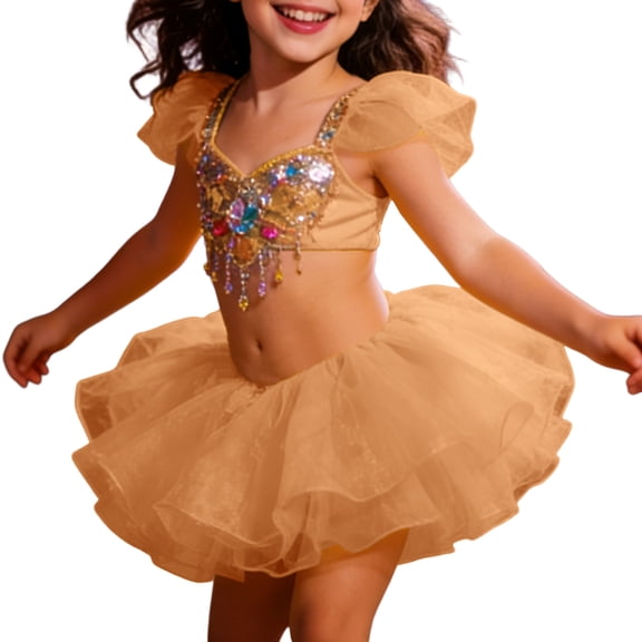 DGQPLPD Girls Ballet Tutu Skirt Sparkly Leotard Dress For Dance Performance Recital Party Play Rose Gold 3-6 Years