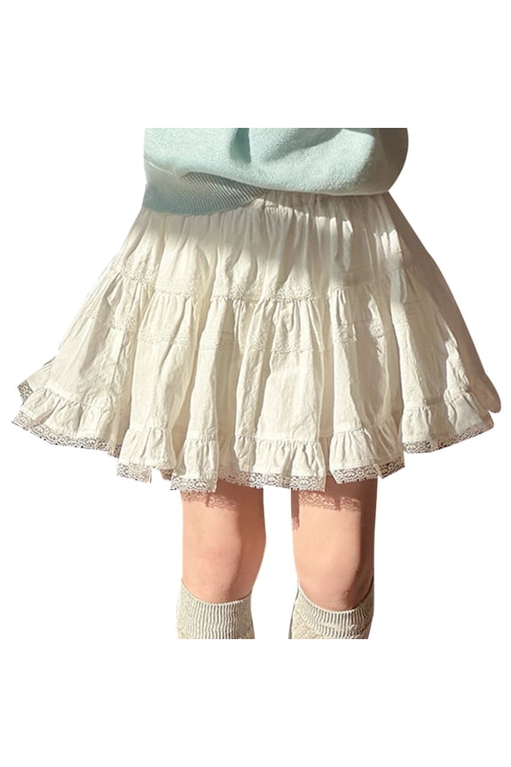 Girls Flared Skirt with Lace Trim for Toddler Teen Summer Spring Fall Season White 4-5 Years