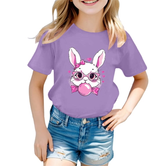DGQPLPD Girls Floral Tops Easter Themed Round Neck Short Sleeve Casual Tee for Girls Cute Holiday Print Comfortable Top Purple 6-7 Years