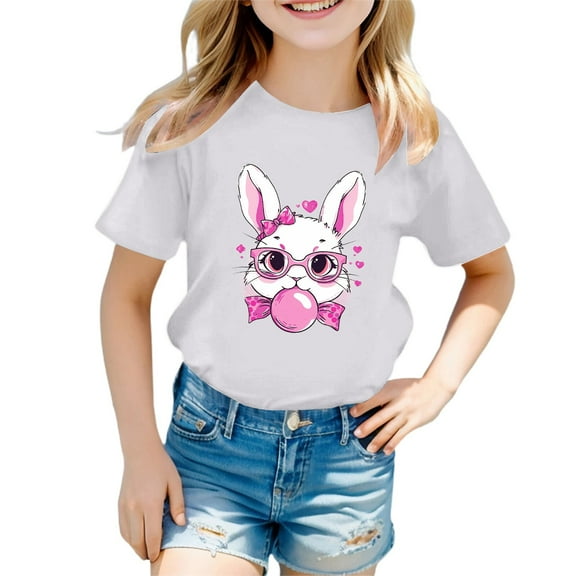 DGQPLPD Girls Graphic Tees Easter Themed Round Neck Short Sleeve Casual Tee for Girls Cute Holiday Print Comfortable Top White 4-5 Years