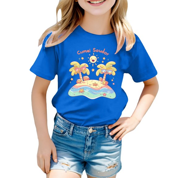 DGQPLPD Girls Graphic Tees Girls Casual Island Print T-Shirt Fashion Comfort Fit Top for Beach and Everyday Wear Blue 4-5 Years