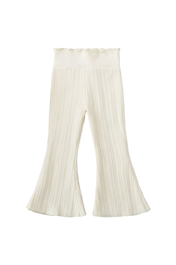 Girls High Waist Knit Flare Leg Winter Warm Casual Trousers for Toddler Kids Korean Style Comfortable Stretchy Soft Everyday Outfit Beige 4-5 Years