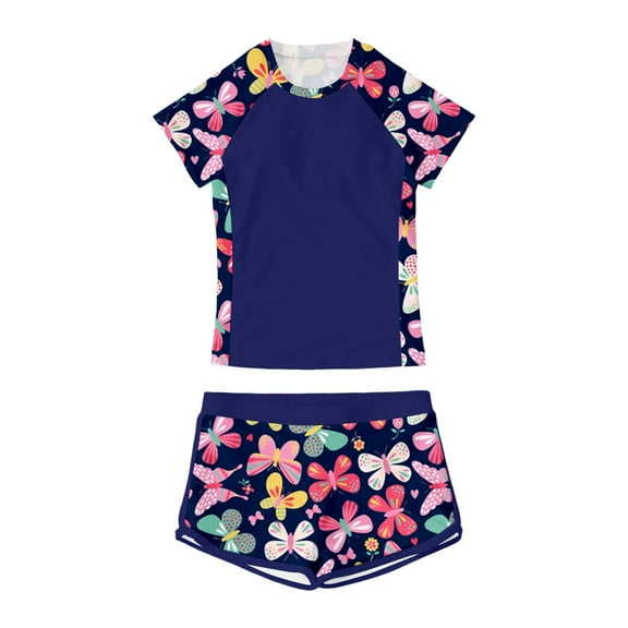 DGQPLPD Girls One Piece Swimsuit Floral Print Bikini Set for Teen Summer Beach Pool Two Piece Swimsuit Outfit with Round Neck Top and Comfy Shorts Blue 13-14 Y