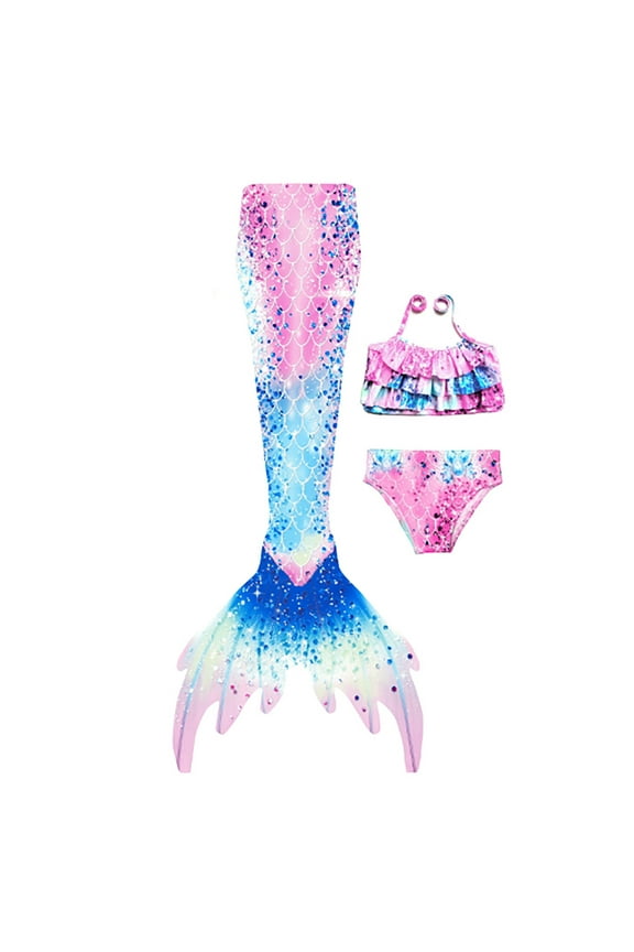 Girls One Piece Swimsuit Tail Swimsuit Set 3 Piece Bikini with Ruffled Skirt for Summer Beach Pool Party Tropical Outfit Pink 6-7 Years