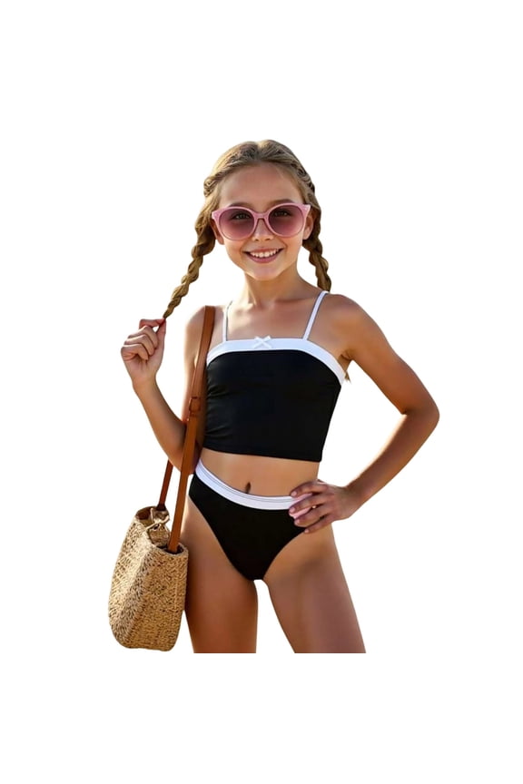 Girls One Piece Swimsuits Summer Swimsuit Cute Backless Top with Design for Beach Pool Party Outfit Black 7-8 Years