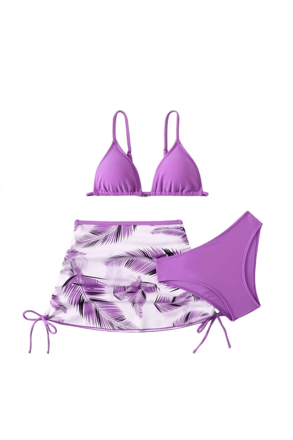 Girls One Piece Swimsuits Swimwear Bikini Set with Skirt and Matching Cover Up for Summer Beach Pool Party Outfits Purple 5-6 Years