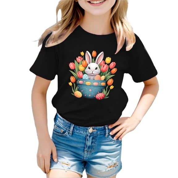 DGQPLPD Girls Plain Tops Easter Girls Casual Graphic Tee Cute Rabbit Egg Design Short Sleeve T-Shirt for Spring Holiday Celebration Black 5-6 Years
