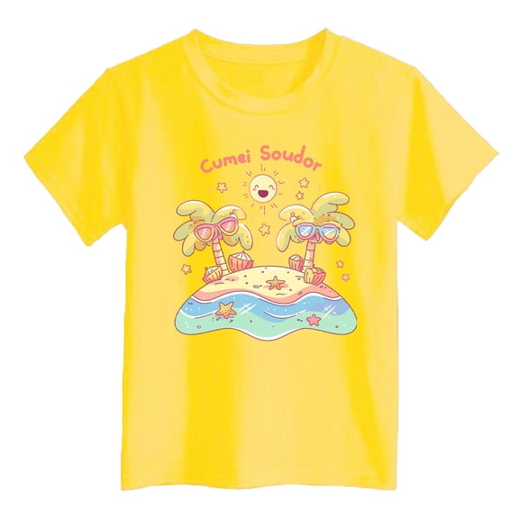DGQPLPD Girls Polo Shirts Girls Casual Island Print T-Shirt Fashion Comfort Fit Top for Beach and Everyday Wear Yellow 7-8 Years