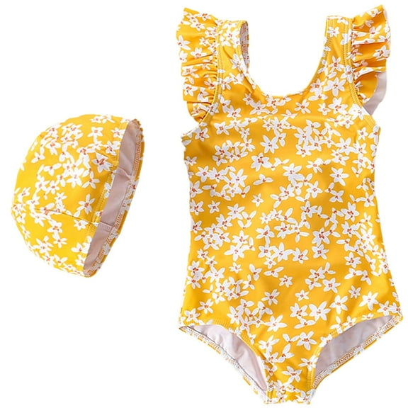 DGQPLPD Girls Rash Guard Swimsuit Floral Bowknot Swimwear for Summer Beach Bathing Suit Toddler Kids Swimming Outfit Yellow 2-3 Years