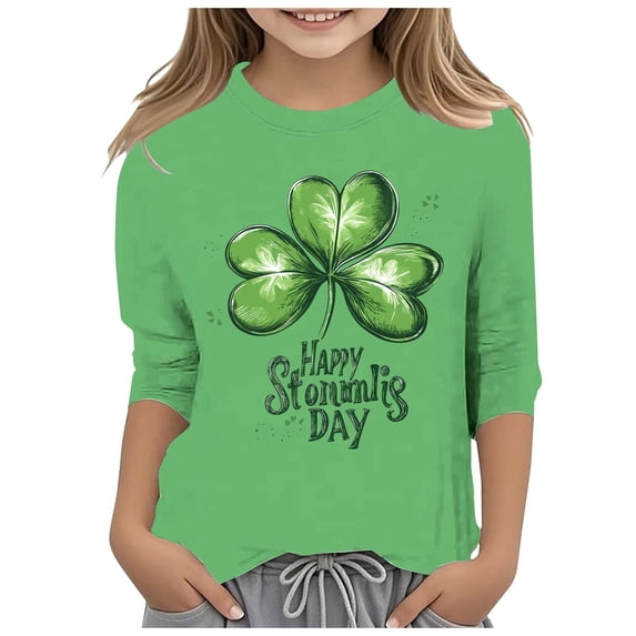 DGQPLPD Girls St Paddy's Day Printed 3/4 Sleeve Peplum T Shirt Tops for Cheerful St Patrick's Day Theme Girls Fashionwear Green 10-11 Years