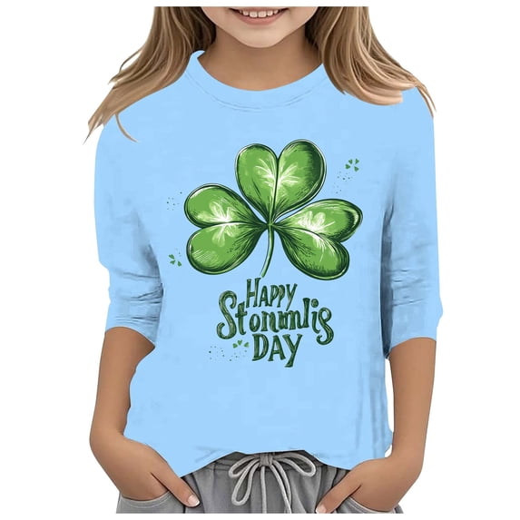 DGQPLPD Girls St Paddy's Day Printed 3/4 Sleeve Peplum T Shirt Tops for Cheerful St Patrick's Day Theme Girls Fashionwear Light Blue 4-5 Years
