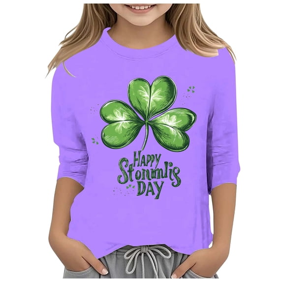 DGQPLPD Girls St Paddy's Day Printed 3/4 Sleeve Peplum T Shirt Tops for Cheerful St Patrick's Day Theme Girls Fashionwear Light Purple 3-4 Years