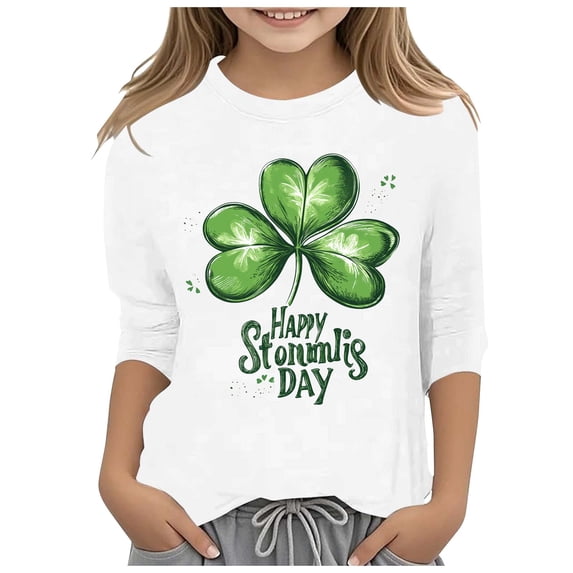 DGQPLPD Girls St Paddy's Day Printed 3/4 Sleeve Peplum T Shirt Tops for Cheerful St Patrick's Day Theme Girls Fashionwear White 3-4 Years