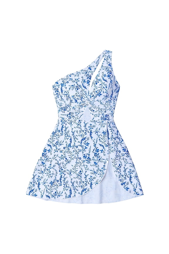 Girls Swim Dress One Shoulder Monokini Swimsuit Floral Print Ruffle Dress Design for Teens and Big Kids White 11-12 Years