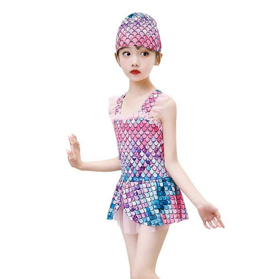 DGQPLPD Girls Swimwear Summer Toddler Girls Sleeveless Printing Swimwear Beach Ruffles Swimsuit Bikini Hat Set for Kids Hot Pink 9-10 Years