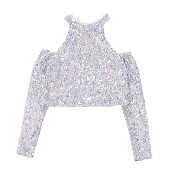 DGQPLPD Girls Tank Tops Sparkly Sequin Dance Performance Top for Girls Long Sleeve Crew Neck Stage Jazz Street Show Outfit Light Gray 15-16 Years