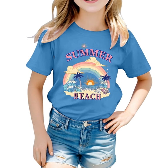 DGQPLPD Girls Tops Casual Short Sleeve Tee for Kids Fashion Print Lightweight Summer Top for Girls Sky Blue 2-3 Years