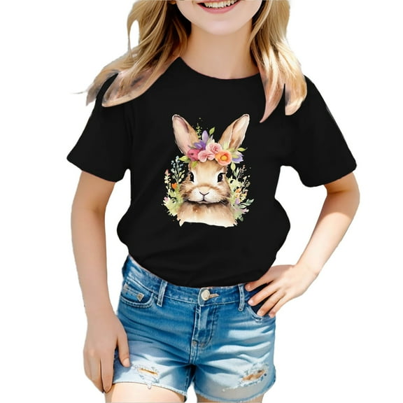 DGQPLPD Girls Tops Easter Children's Cute Rabbit Easter Casual T Shirt for Girls Soft Tee Holiday Playwear Black 7-8 Years