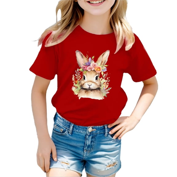 DGQPLPD Girls Tops Easter Children's Cute Rabbit Easter Casual T Shirt for Girls Soft Tee Holiday Playwear Red 5-6 Years