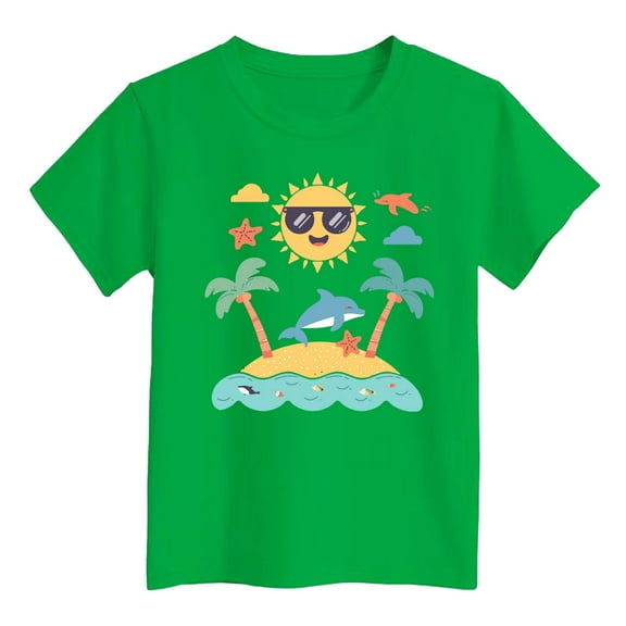 DGQPLPD Girls Tops Island Print Casual T Shirt for Kids - Comfort Fit Top for Beach Daily Wear Green 7-8 Years