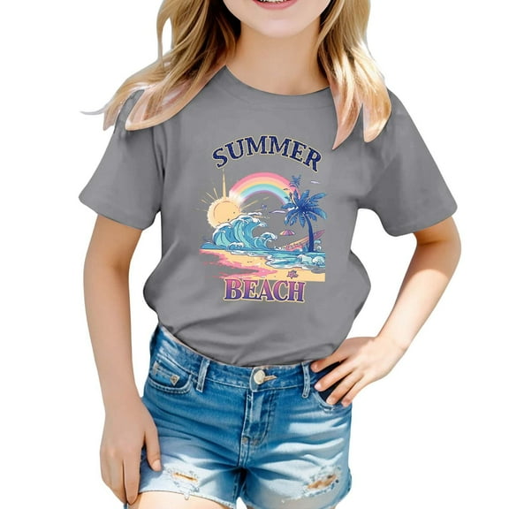 DGQPLPD Girls Tops Tees & Shirts Children's Fashion Print Loose Casual Short Sleeve Top for Kids Comfortable Summer Tee Grey 12-13 Years