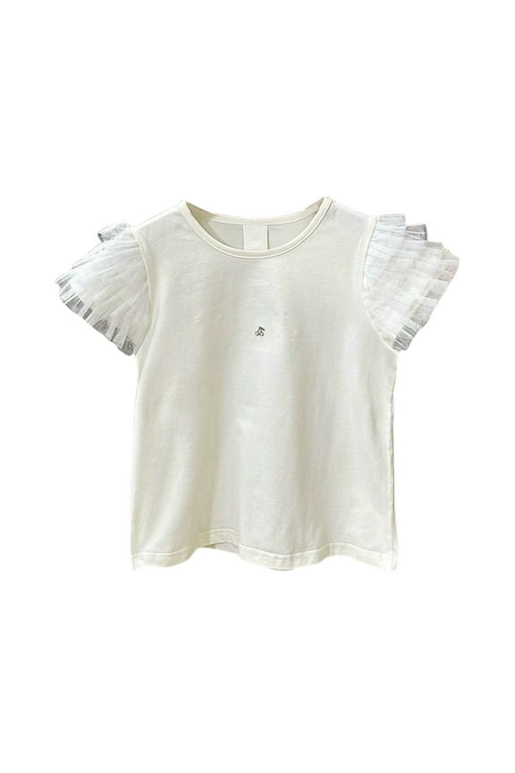 Girls Tops for Everyday Casual and Schoolwear Lightweight Round Neck Netted Flutter Sleeves Tee for Spring and Summer Beige 2-3 Years