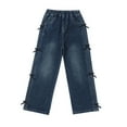 thumbnail image 1 of DGQPLPD Loose Fit Girls Denim Pants with Side Bow Straight Leg Trousers for Autumn Everyday Casual Wear Comfortable Elastic Waist Blue 7-8 Years, 1 of 9