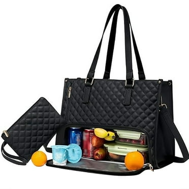 DGQPLPD Lunch Tote Bag for Women, 15.6 Inch Laptop Bag with Insulated Lunch Compartment, Quilted Large Capacity Computer Handbag with Purse for Business