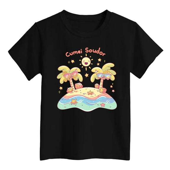DGQPLPD Toddler Girls T-shirts Girls Casual Island Print T-Shirt Fashion Comfort Fit Top for Beach and Everyday Wear Black 18-24 Months