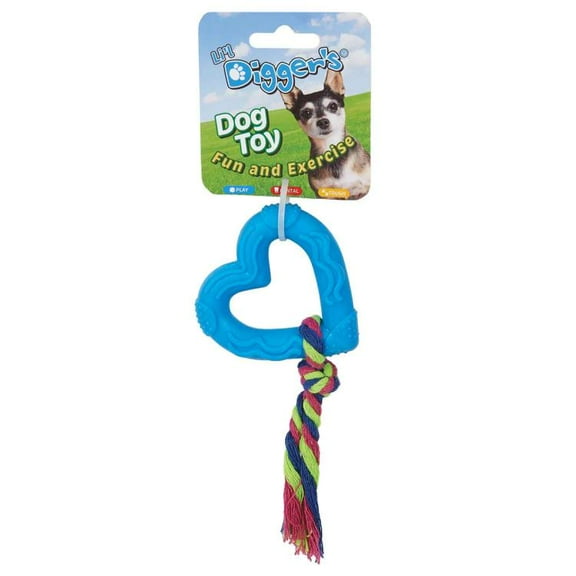 Diggers TPR Heart and Rope Dog Toy for Small Dogs - Blue | Durable Chew Toy with Dental Cleaning Nubs and Tug Design