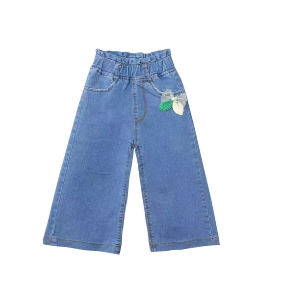 DGXTA Little Girl Jeans,Simple Design Elastic Waist Wide Leg Flared Hem Denim Pants with Pockets