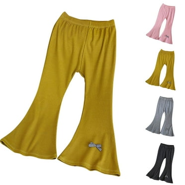 DGXTA Kids Girl Ribbed Knit Bell Bottoms Solid Color Flared Pants Toddler Elastic Waist Ruffle Leggings Fall Clothes