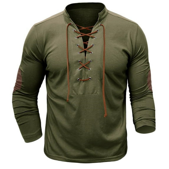 DGXTA Men's Cotton Linen Shirt Casual Loose Long Sleeve V Neck Lace Up Tee Shirts Summer Top