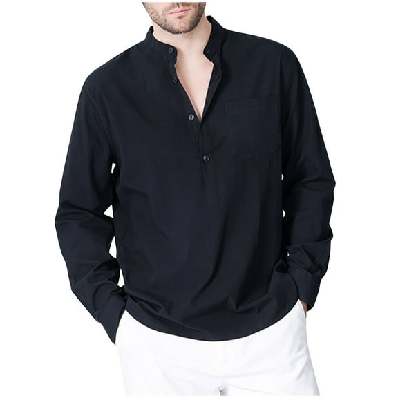 DGXTA Men's Cotton Shirt Long Sleeve Buttons Solid Roll-Up Sleeves Casual Loose Beach T Shirts
