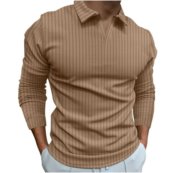 DGXTA Men's V Neck Lapel Shirts Slim Fit Long Sleeve Solid T-Shirts Ribbed Knit Soft Tees