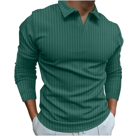 DGXTA Men's V Neck Lapel Shirts Slim Fit Long Sleeve Solid T-Shirts Ribbed Knit Soft Tees