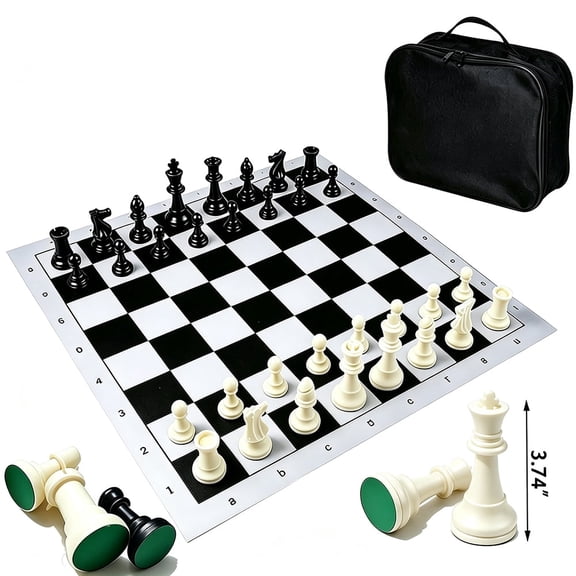 DGZEOL00 Large Portable Chess Set with 3.7in King Weighted Pieces, Roll-Up Board & Storage Bag, for Teens (14+) & Adults, Training & Tournament