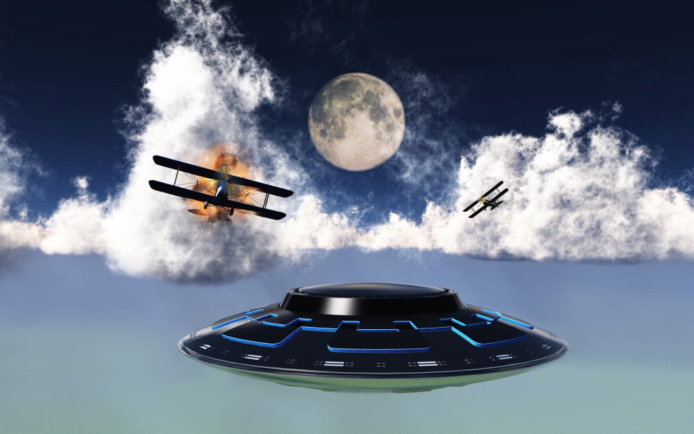 DH 82 Tiger Moth biplanes attack a flying saucer Canvas Art - Mark StevensonStocktrek Images (18 x 12)