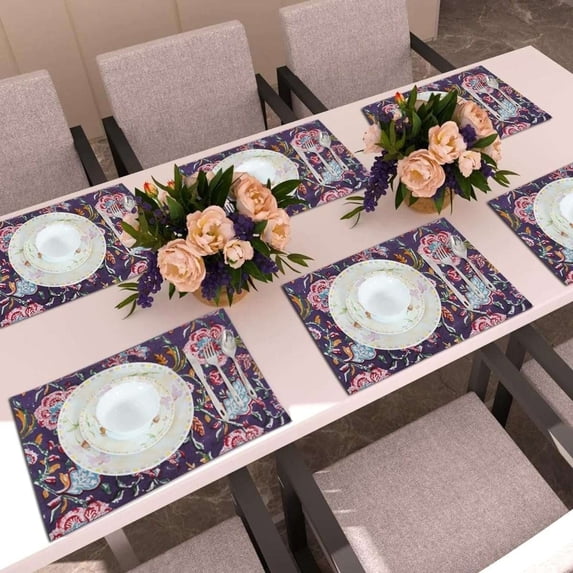 Dhaka International Floral Cotton Placemats, Purple, 10 x 10 in, Stain Resistant, Set of 6