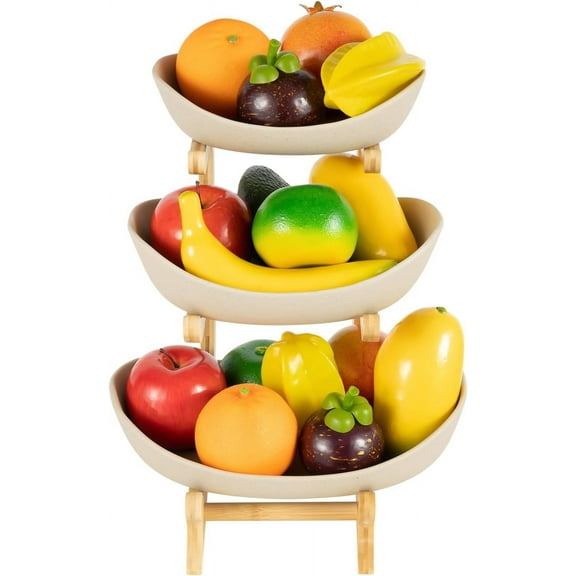 DHBREK Home Fruit Bowl Set, Fruit Bowl for Kitchen Counter, 3 Tier Ceramic Fruit Basket, Fruit Serving Tray With Bamboo Wood Stand, Fruit Holder for Kitchen Countertop for Cake Candy (Brown, Earthy)