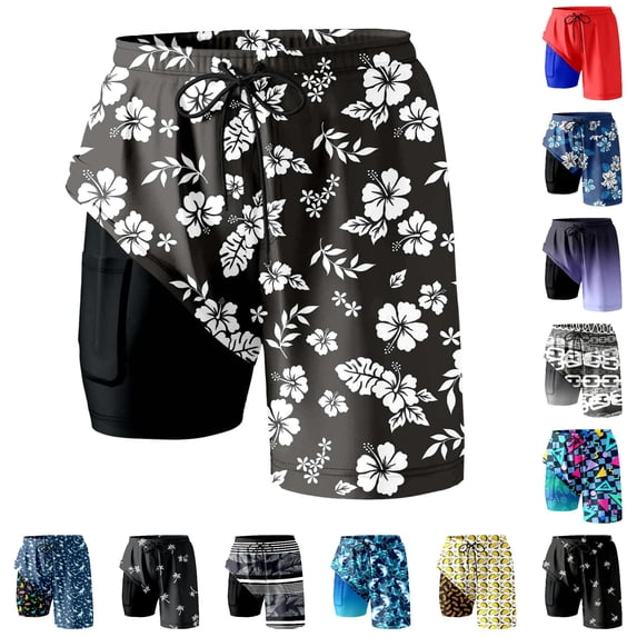 DHFJKG 2 In 1 Mens Swim Trunks Hawaiian Athletic Swimsuits Drawstring Shorts Tropical Printed Summer Bathing Suit Bottoms With Pockets