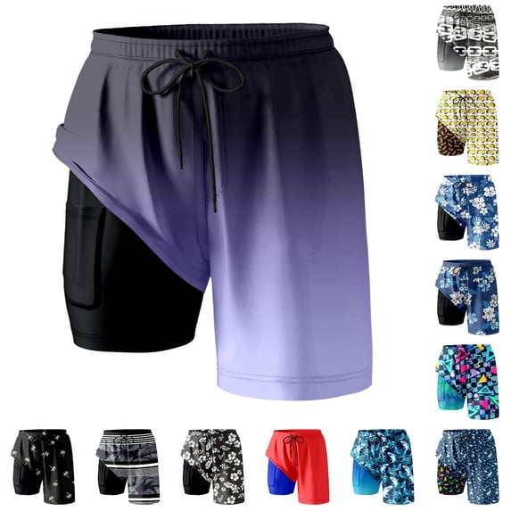 DHFJKG 2 In 1 Mens Swim Trunks Hawaiian Athletic Swimsuits Drawstring Shorts Tropical Printed Summer Bathing Suit Bottoms With Pockets