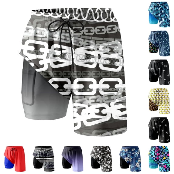 DHFJKG 2 In 1 Mens Swim Trunks Hawaiian Athletic Swimsuits Drawstring Shorts Tropical Printed Summer Bathing Suit Bottoms With Pockets