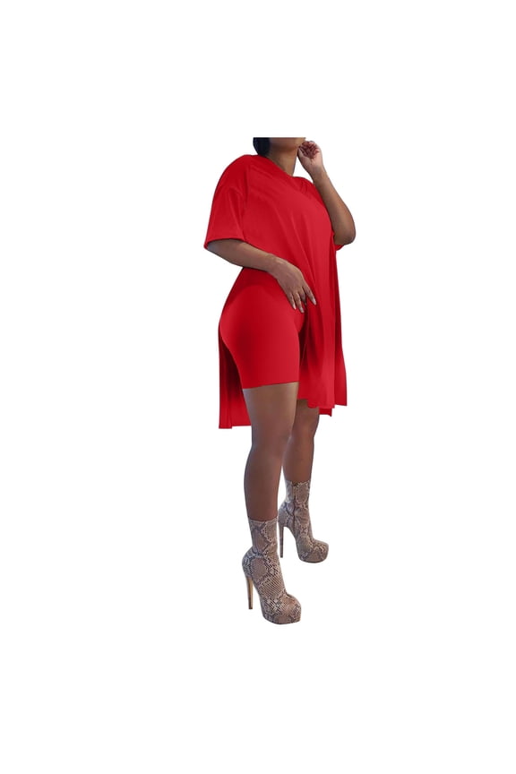2 Piece Sets For Women Casual Oversized Summer Outfits Short Sleeve Side Split Tops Shorts Set Workout Clothes Solid Color Versatile Outfit